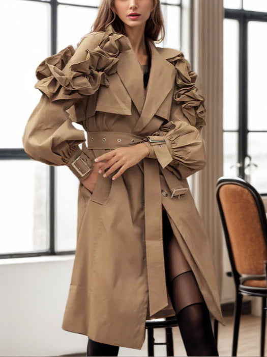 Viviana Ruffled Sleeve Trench Coat - Brown