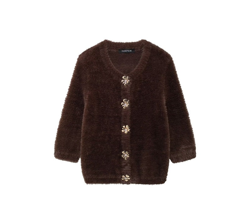 Fur  round neck knitted jacket