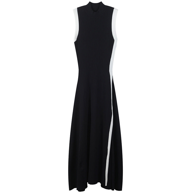 Black and White Contrast Pit Strip Side Slit Knit Midi Summer Dress
