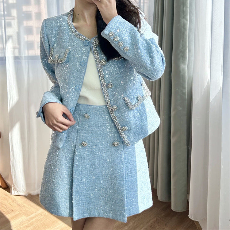 Diamond trimmed tweed jacket + skirt small fragrance suit
