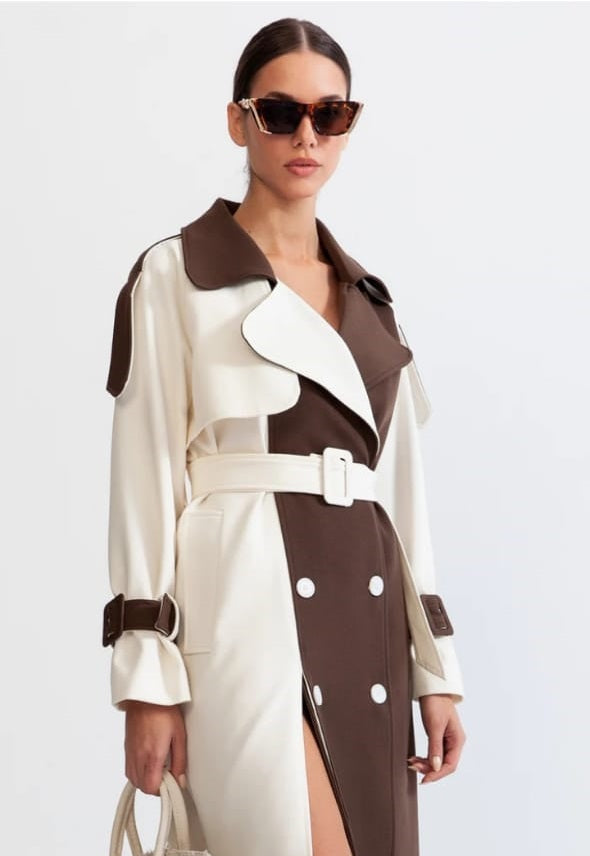 Bicolor Double Breasted Trench Coat - Cream&Brown