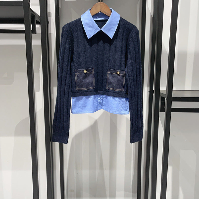 Two Pieces Contrast Shirt Collar Pullover Knit Sweater
