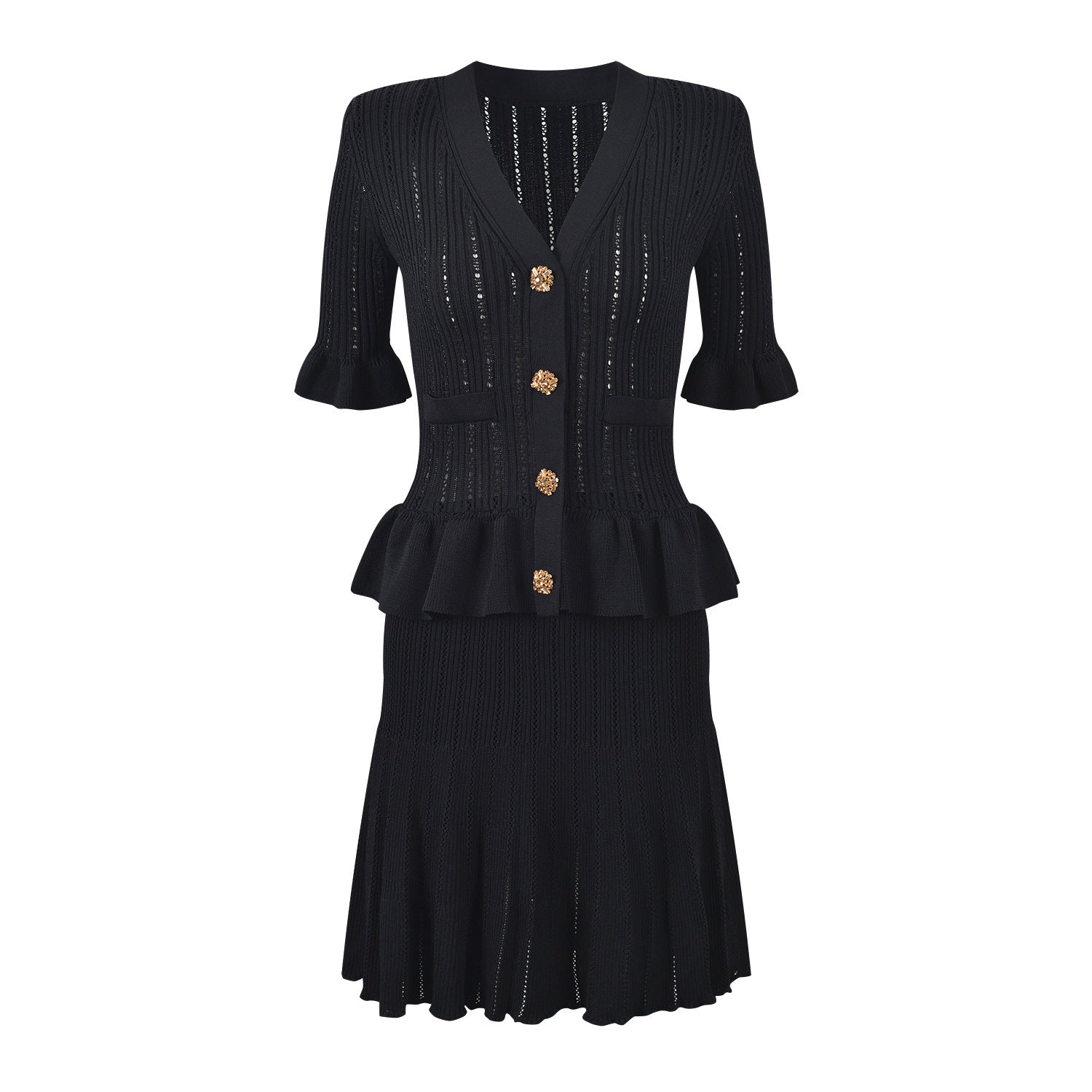Short sleeve diamond buckle ruffle waist knit dress