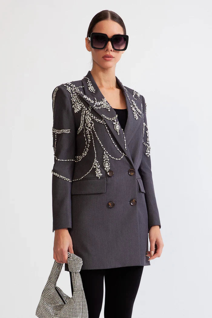 Double Breasted Long Blazer with Jewels - Grey