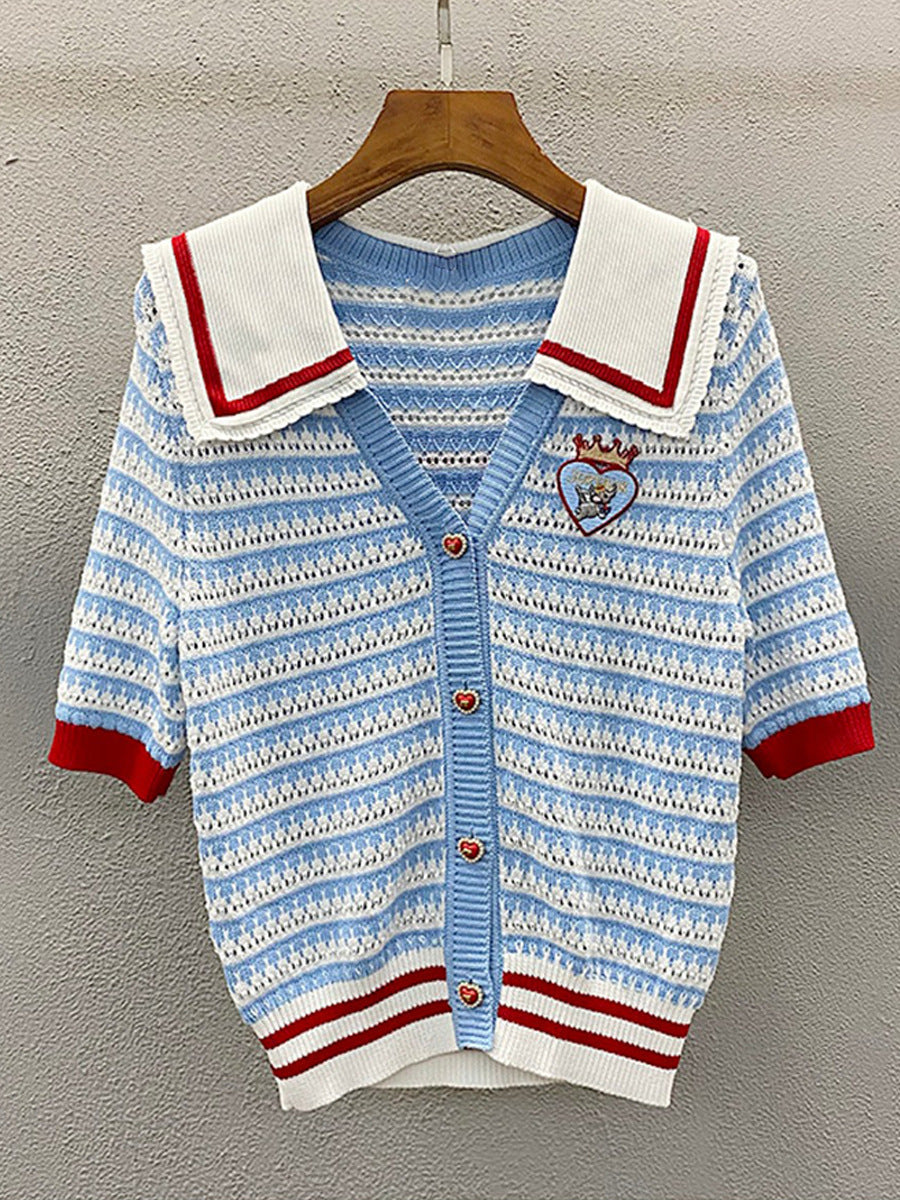 Navy collar striped knitted cardigan