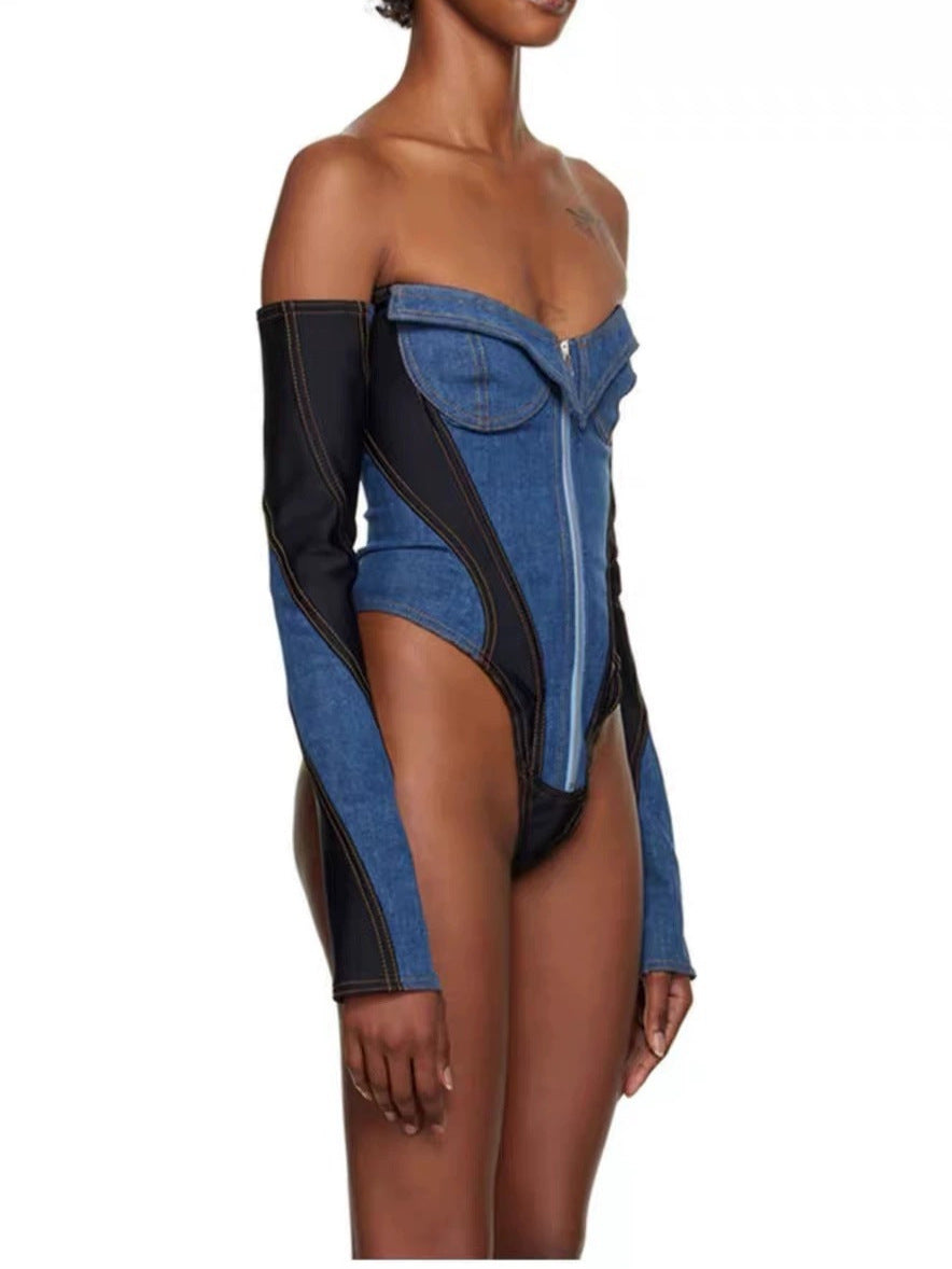 Denim one-piece long sleeved top