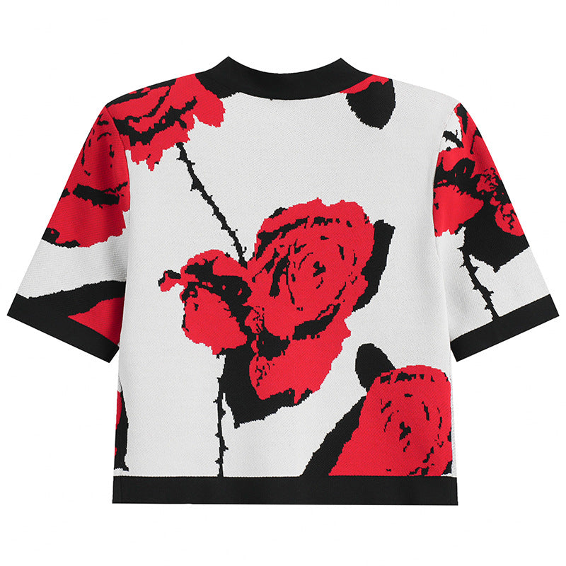 Rose jacquard flower metal buckle trim top