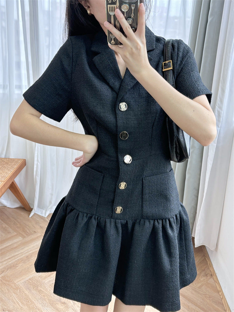 Waist Short Sleeve Lapel Little Black Dress