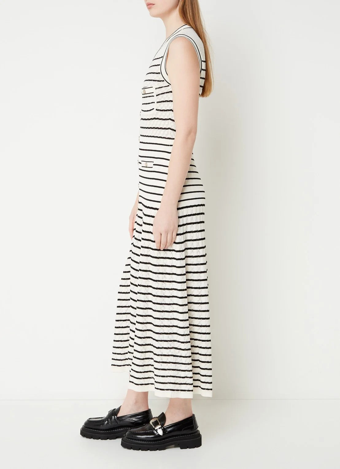 Sandro Fine knit maxi blouse dress with stripe print and patch pockets