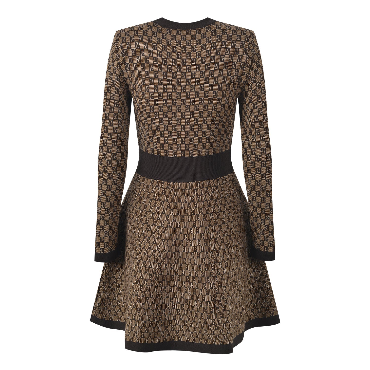 ELURA Gold-Buttoned Contrast Jacquard Knit Mini Dress – Brown
