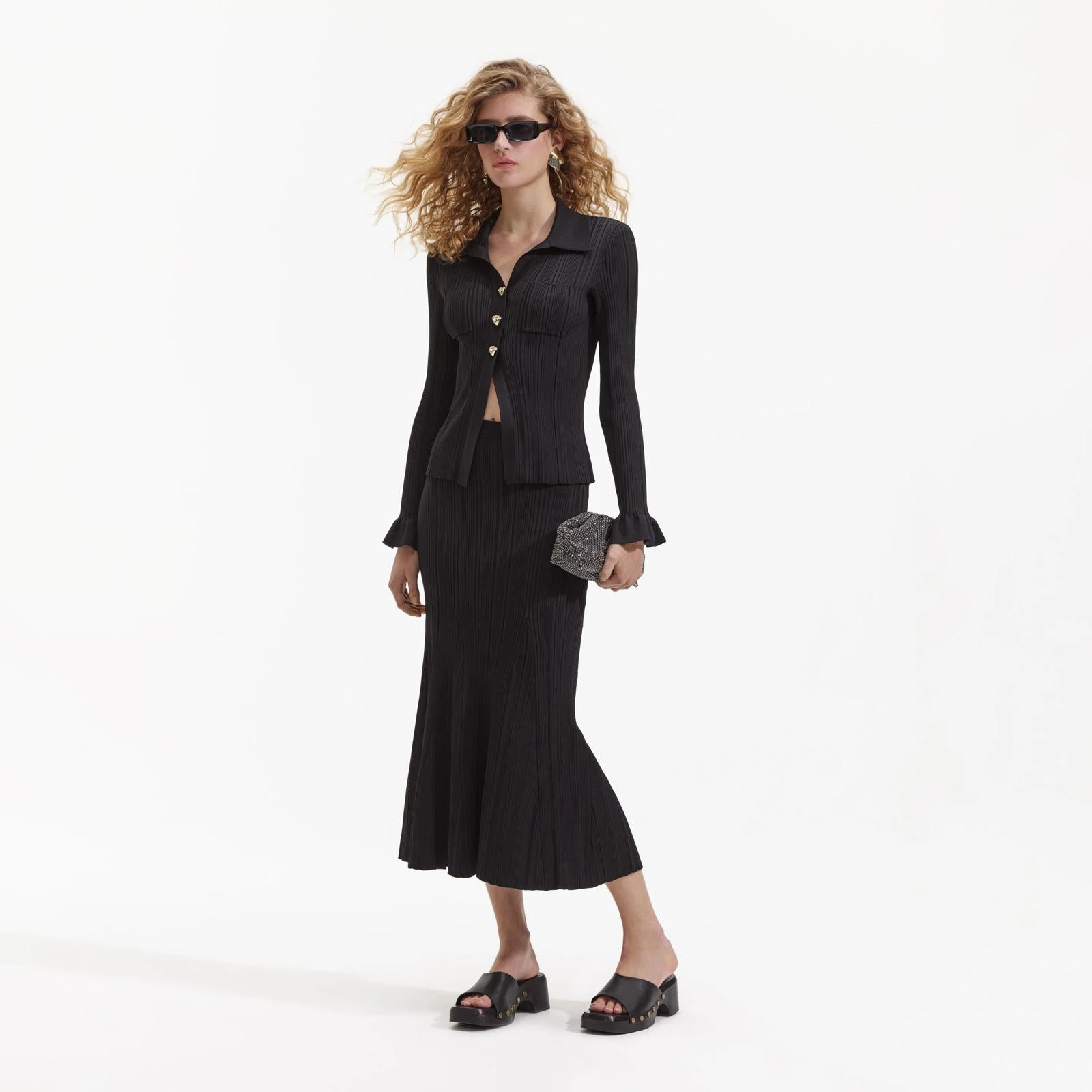 BLACK RIBBED MIDI SKIRT Set