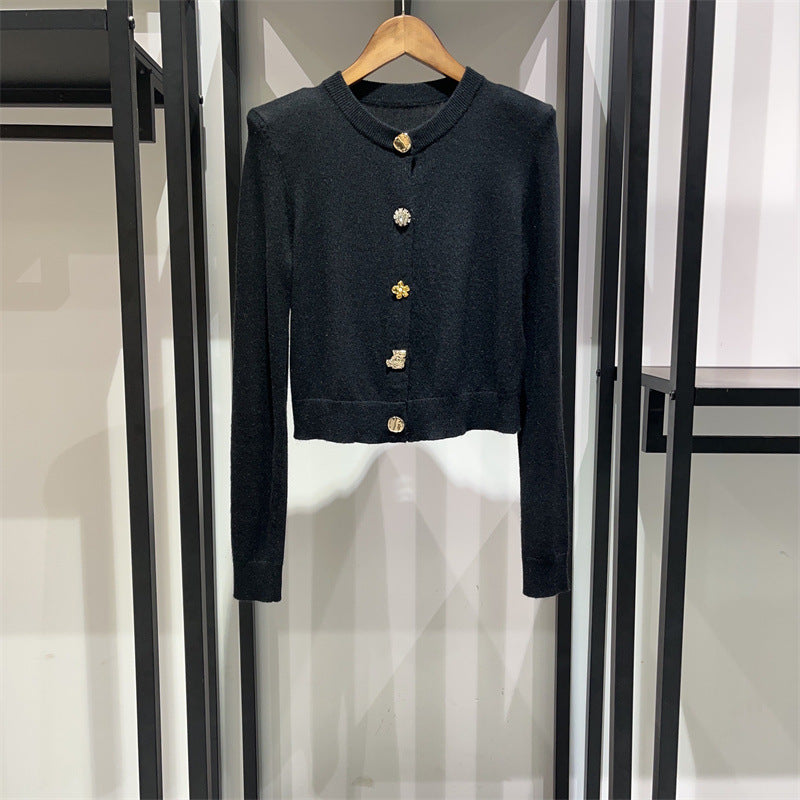 Button Decoration Round Neck Shoulder Blazer