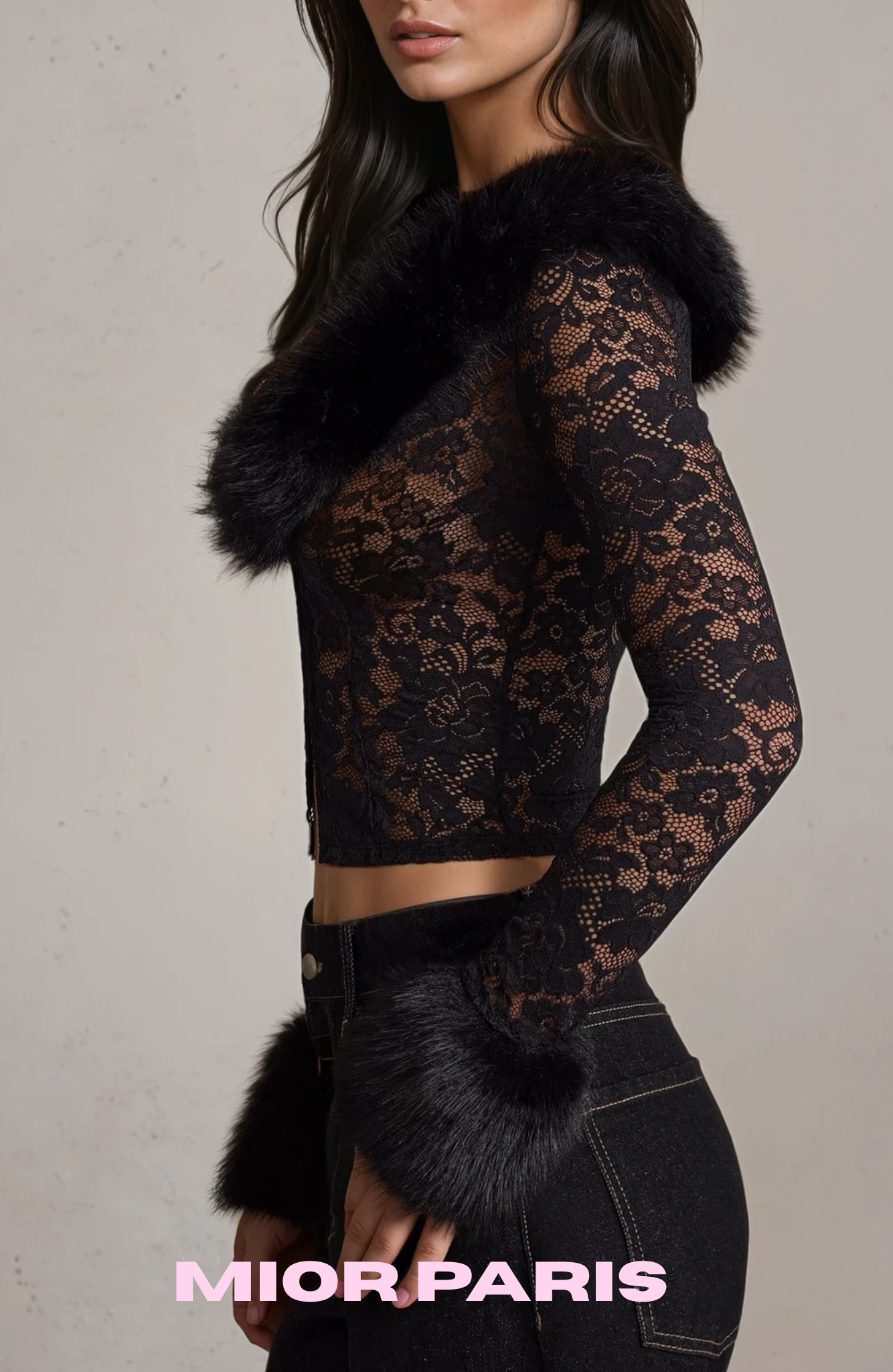 CELIA Faux Fur-Trim Lace Cardigan and skirt set  in Jet Black