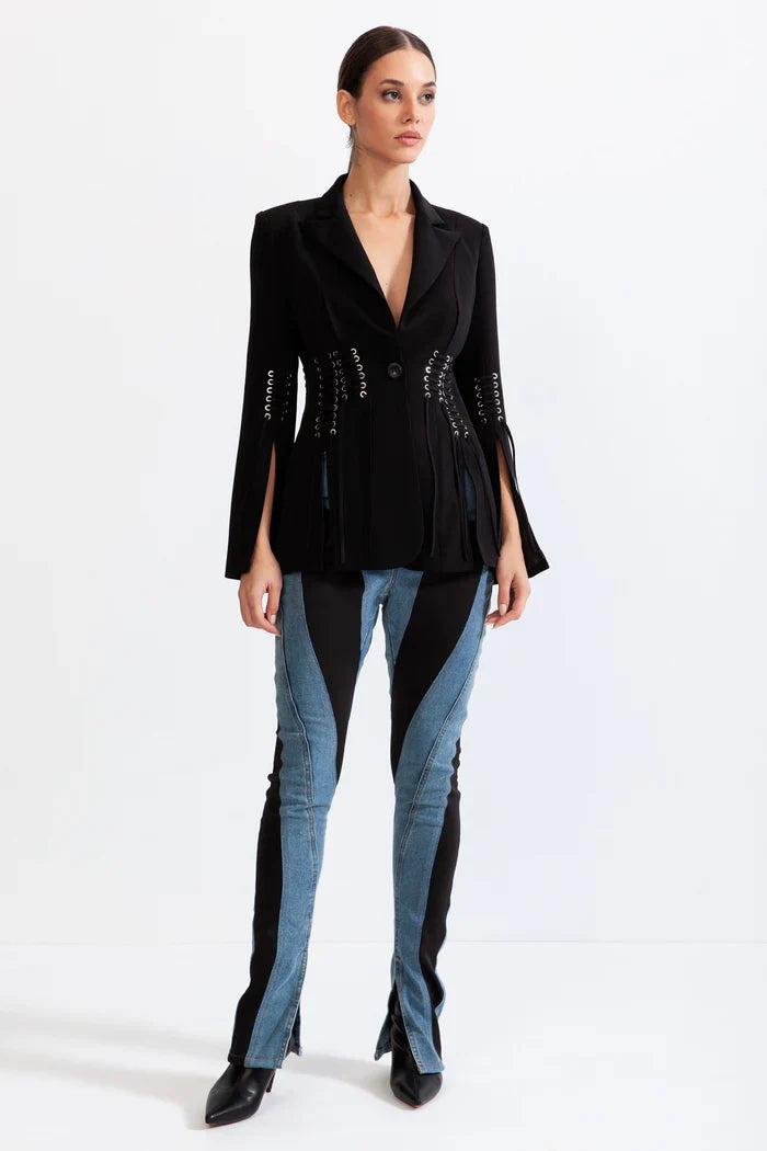 Corset jacket with fringe details - Black Sale price