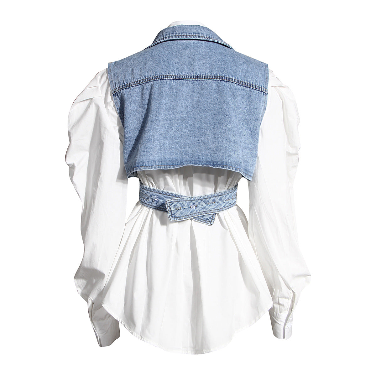 Two Piece Denim Vest Puff Sleeve Shirt