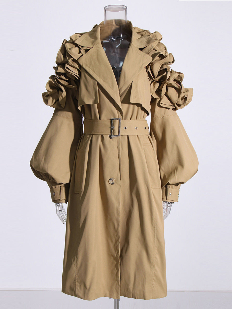 Viviana Ruffled Sleeve Trench Coat - Brown