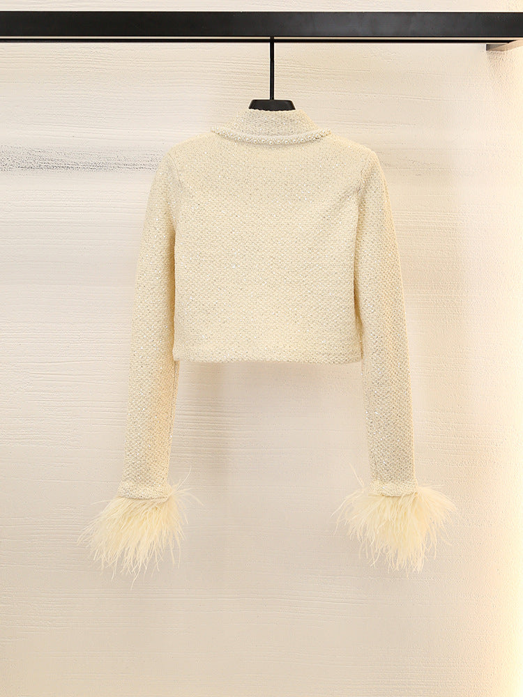 Tweed Tassel Feather Sleeve Cardigan