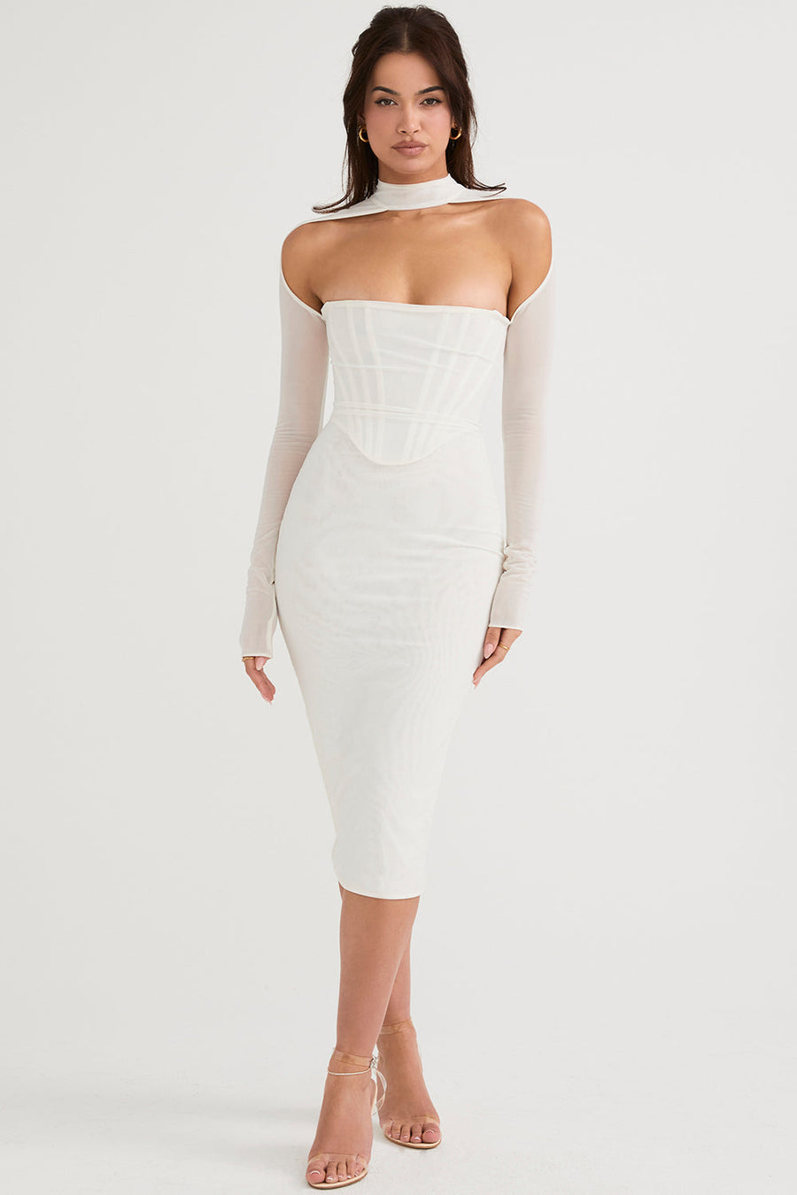 MILAROSE WHITE MESH CORSET MIDI DRESS