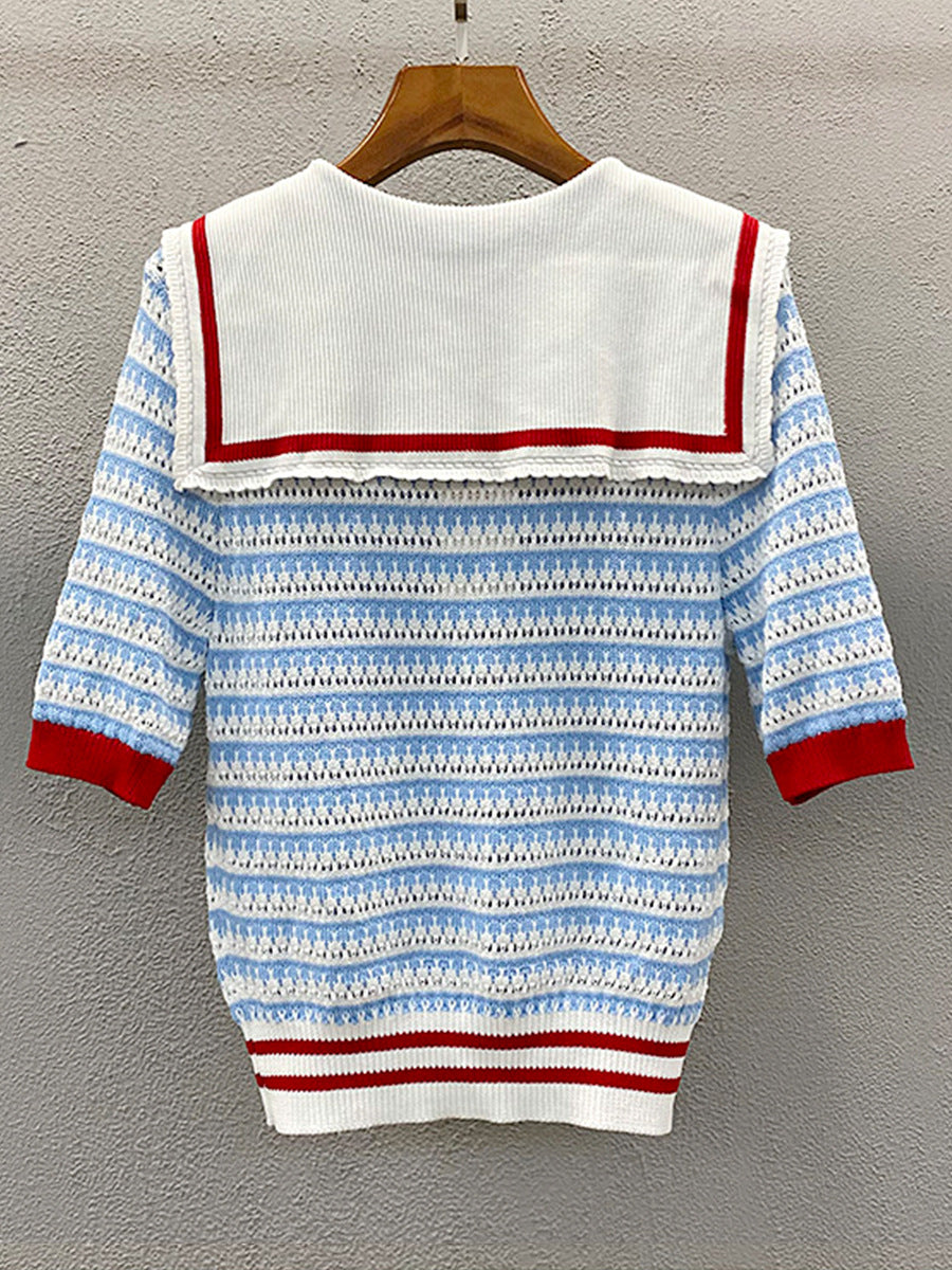 Navy collar striped knitted cardigan