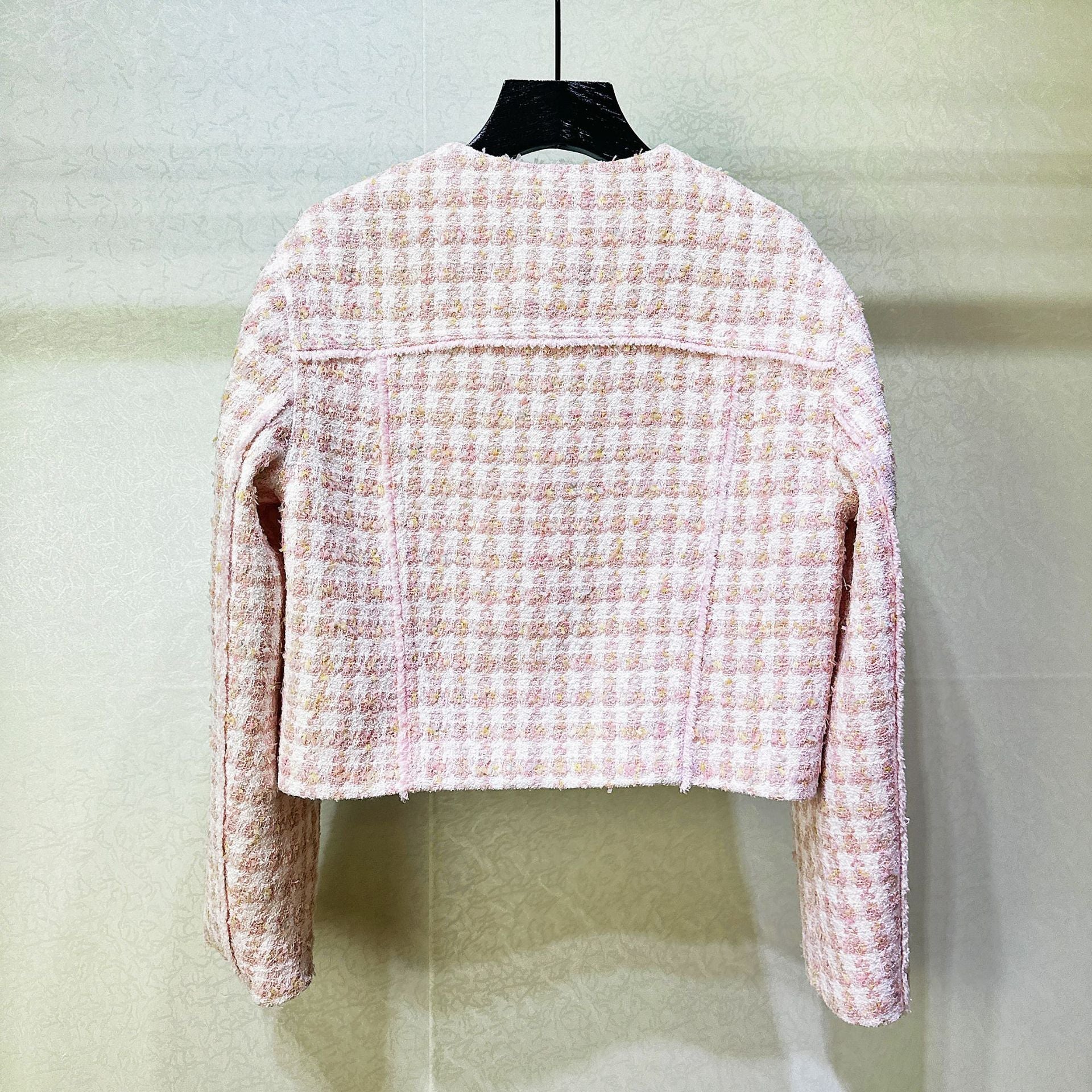 Pink tweed short jacket high-waisted wide-leg pants set