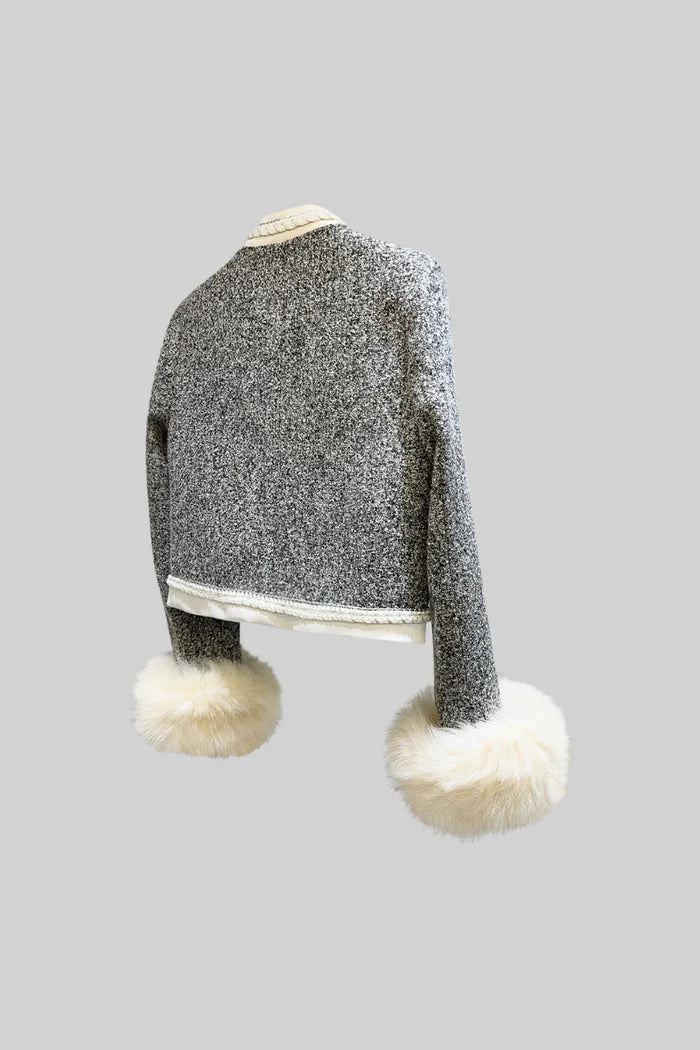 FAUX FUR BLAZER WITH MILITARY DETAILS - GRAY