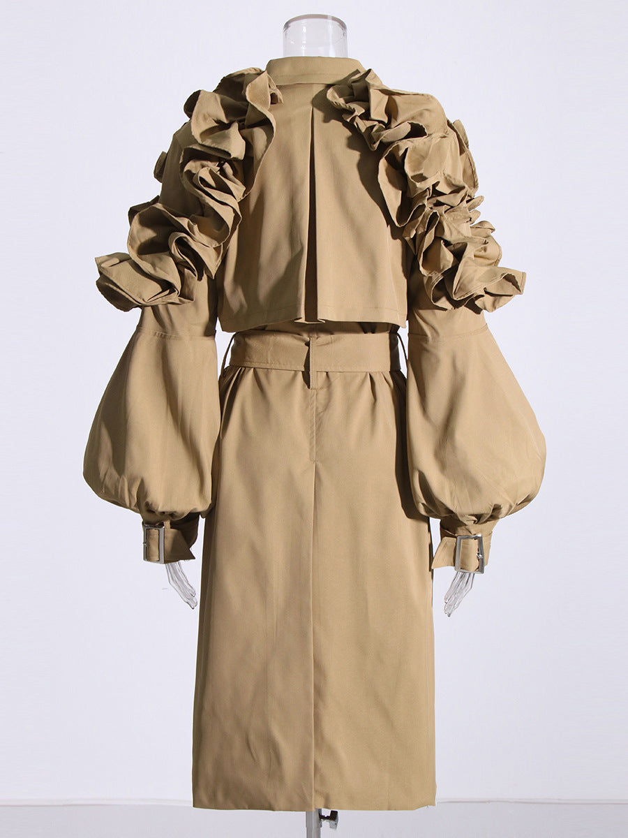 Viviana Ruffled Sleeve Trench Coat - Brown