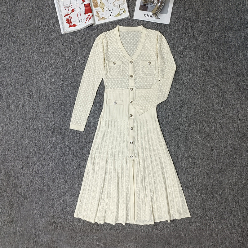 V-neck hollow striped knit dress