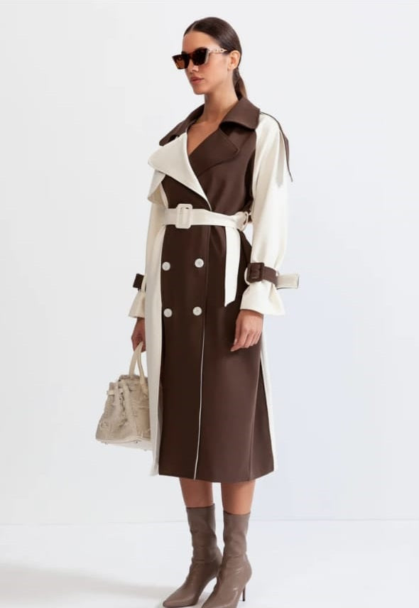 Bicolor Double Breasted Trench Coat - Cream&Brown