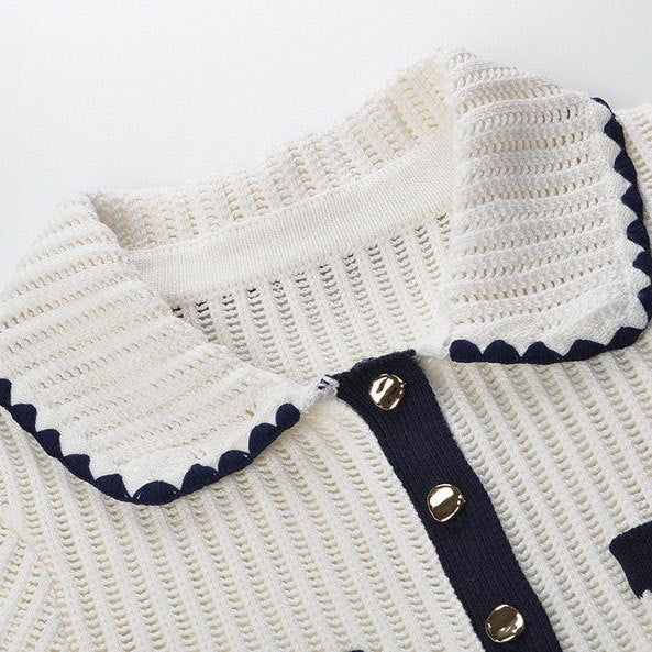 Ruffle lapel single-breasted  short-sleeved knit top