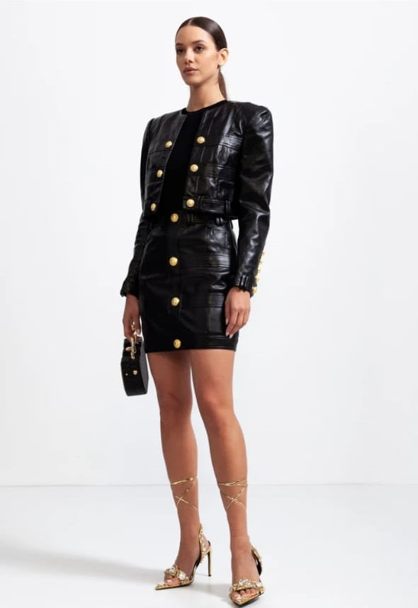 Vegan Leather Co-ord with Golden Buttons - Black