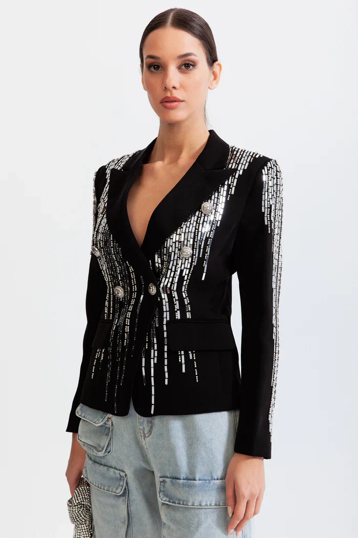 Rhinestone Double Breast Suit - Black