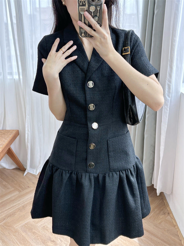 Waist Short Sleeve Lapel Little Black Dress