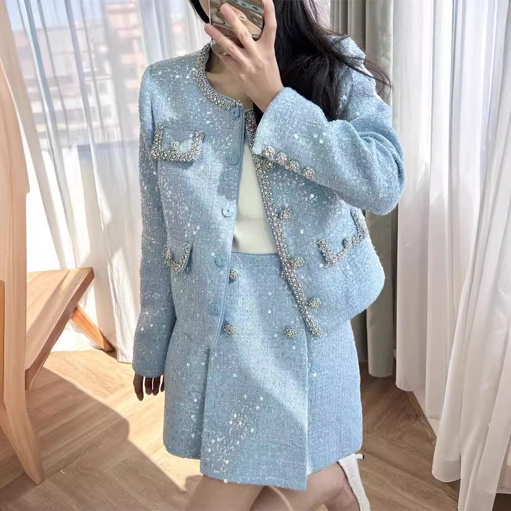 Diamond trimmed tweed jacket + skirt small fragrance suit