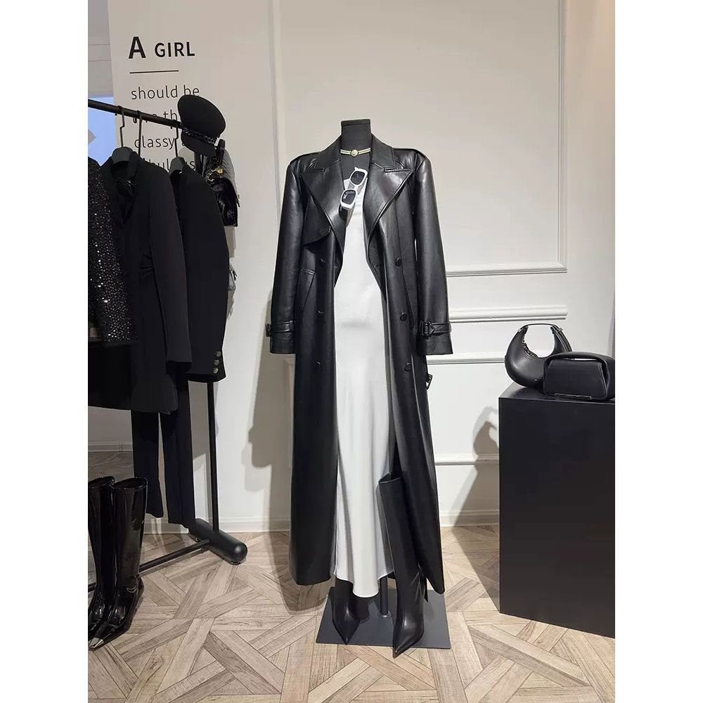 Long high-end  Black leather jacket