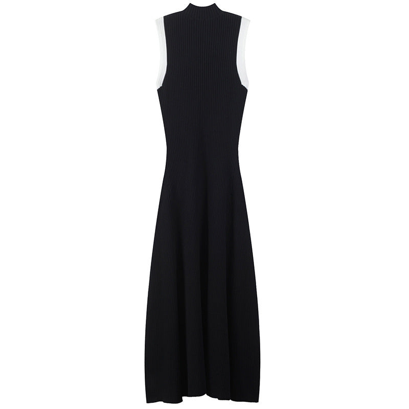 Black and White Contrast Pit Strip Side Slit Knit Midi Summer Dress