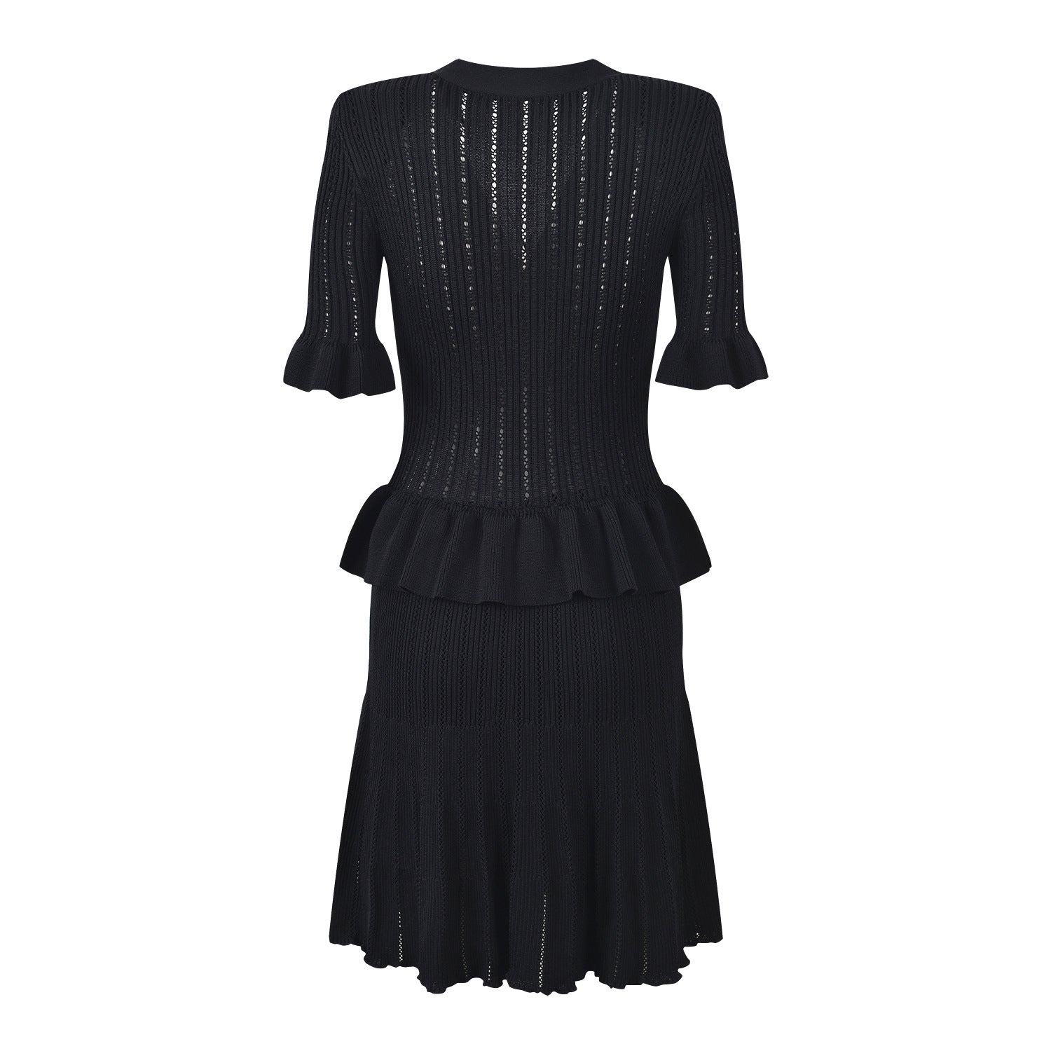Short sleeve diamond buckle ruffle waist knit dress