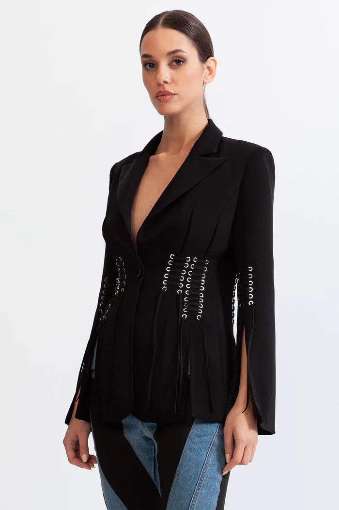 Corset jacket with fringe details - Black Sale price