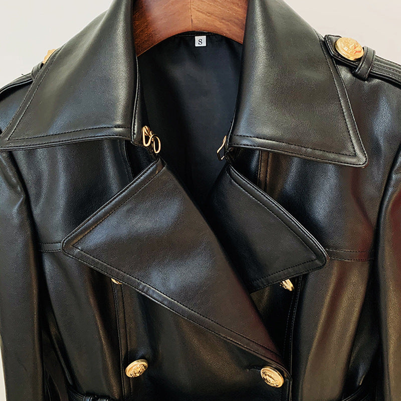 Double-breasted belt leather long trench jacket