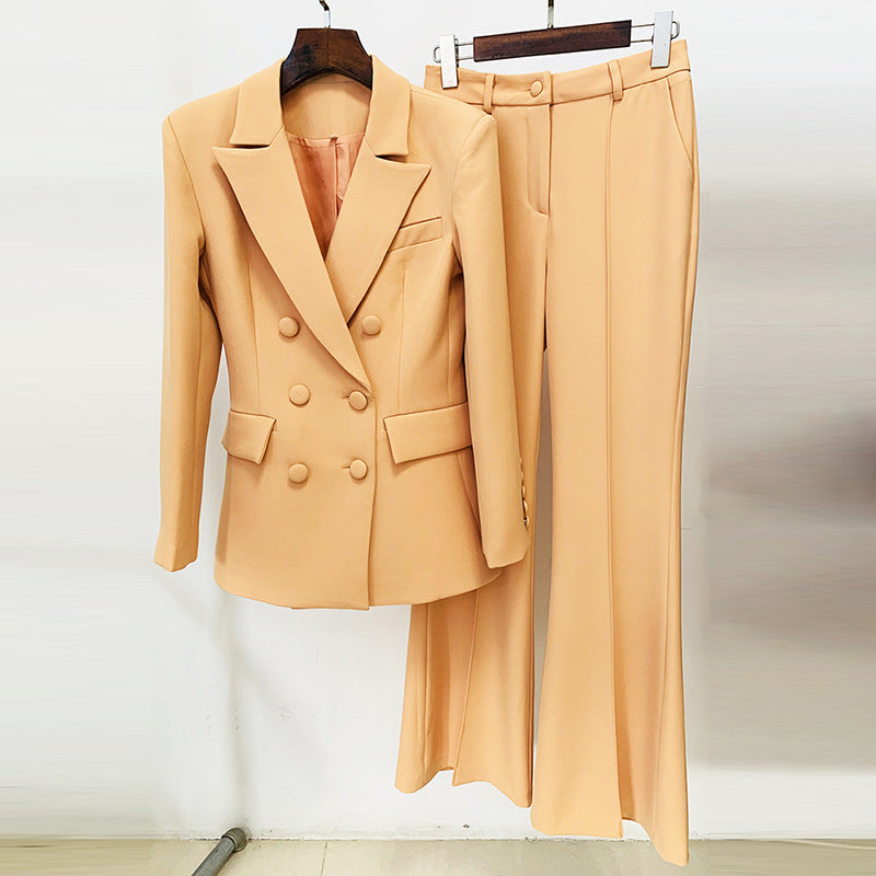 Double-breasted slim suit jacket flared trousers set