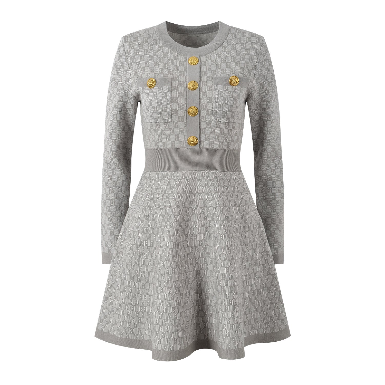 ELURA Gold-Buttoned Contrast Jacquard Knit Mini Dress – Brown