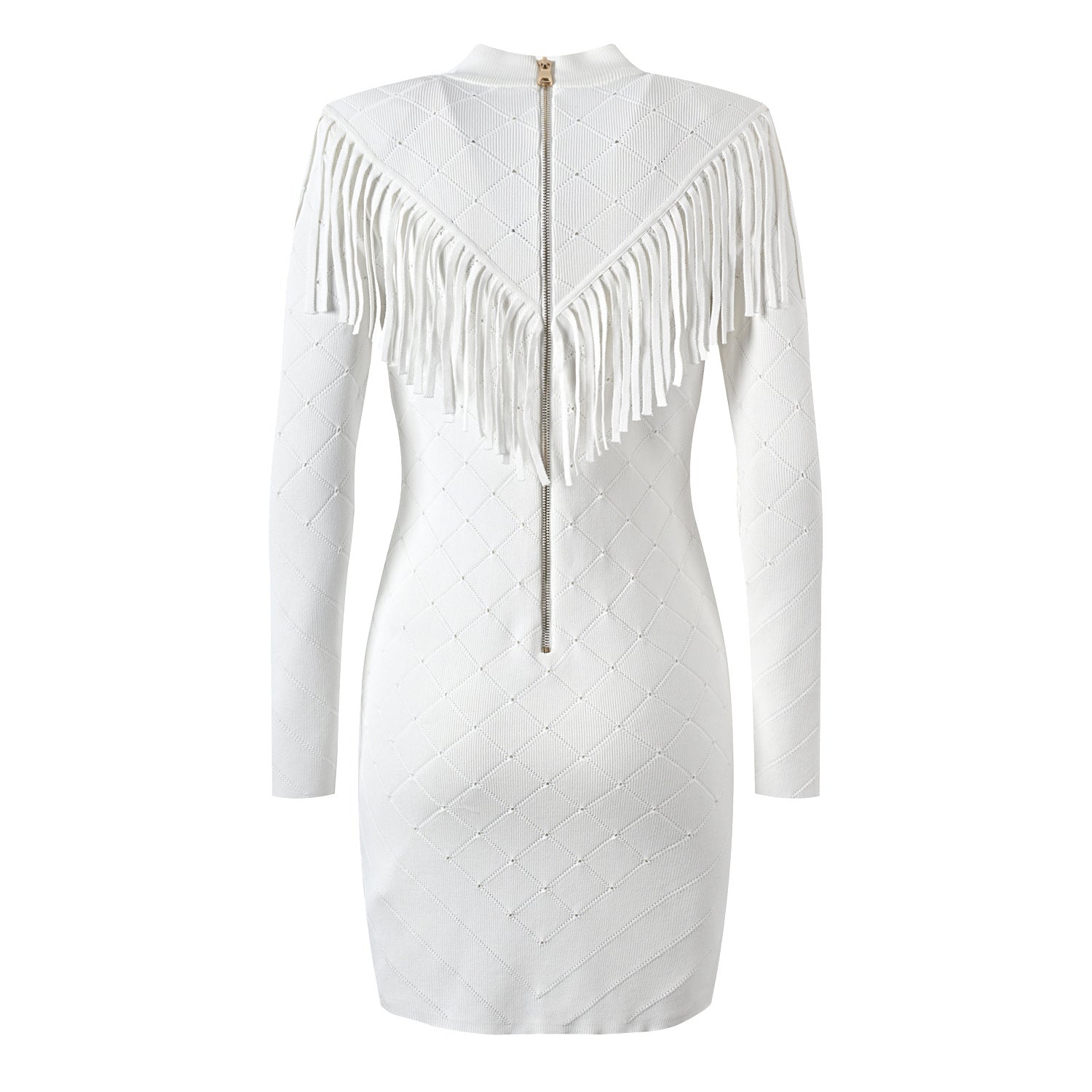 Design tassel, single-breasted metal buckle, ringuez, half-high neck, stretch slim, slim, padded, shoulder knit dress