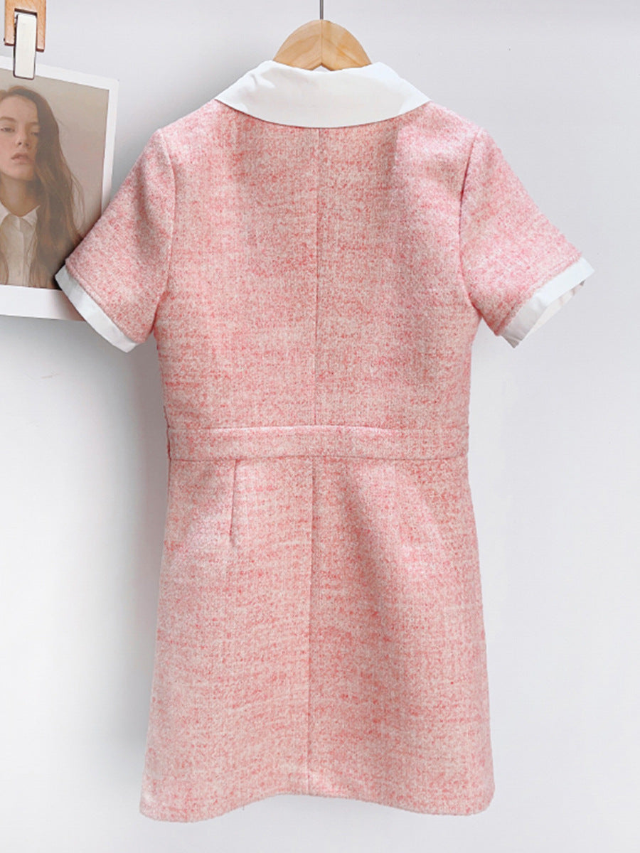 Summer new tweed contrast lapel dress