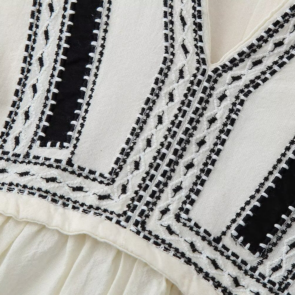 V-Neck Stitched Embroidered Mini Dress