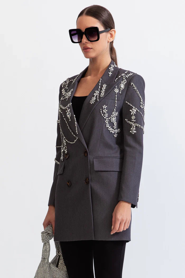 Double Breasted Long Blazer with Jewels - Grey