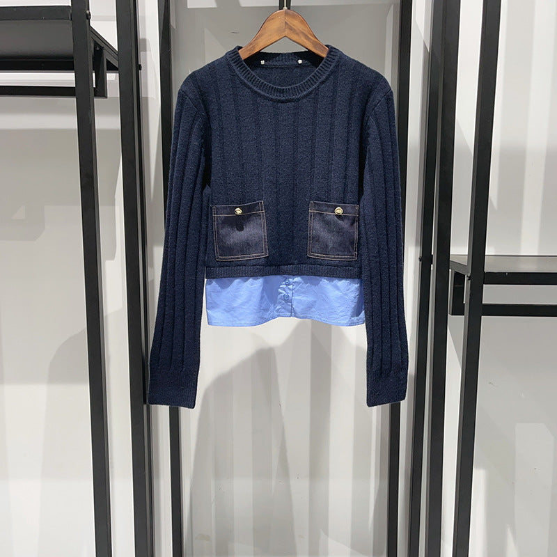 Two Pieces Contrast Shirt Collar Pullover Knit Sweater