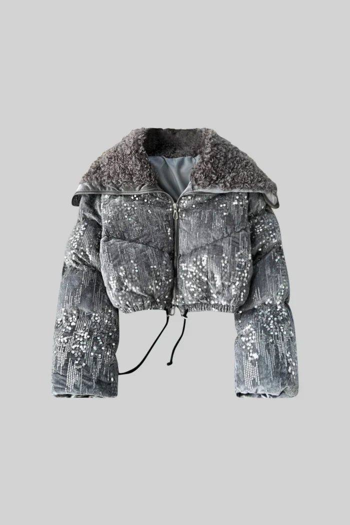 GLAMOROUS JACKET WITH SPARKLES AND FUR DETAIL - GRAY