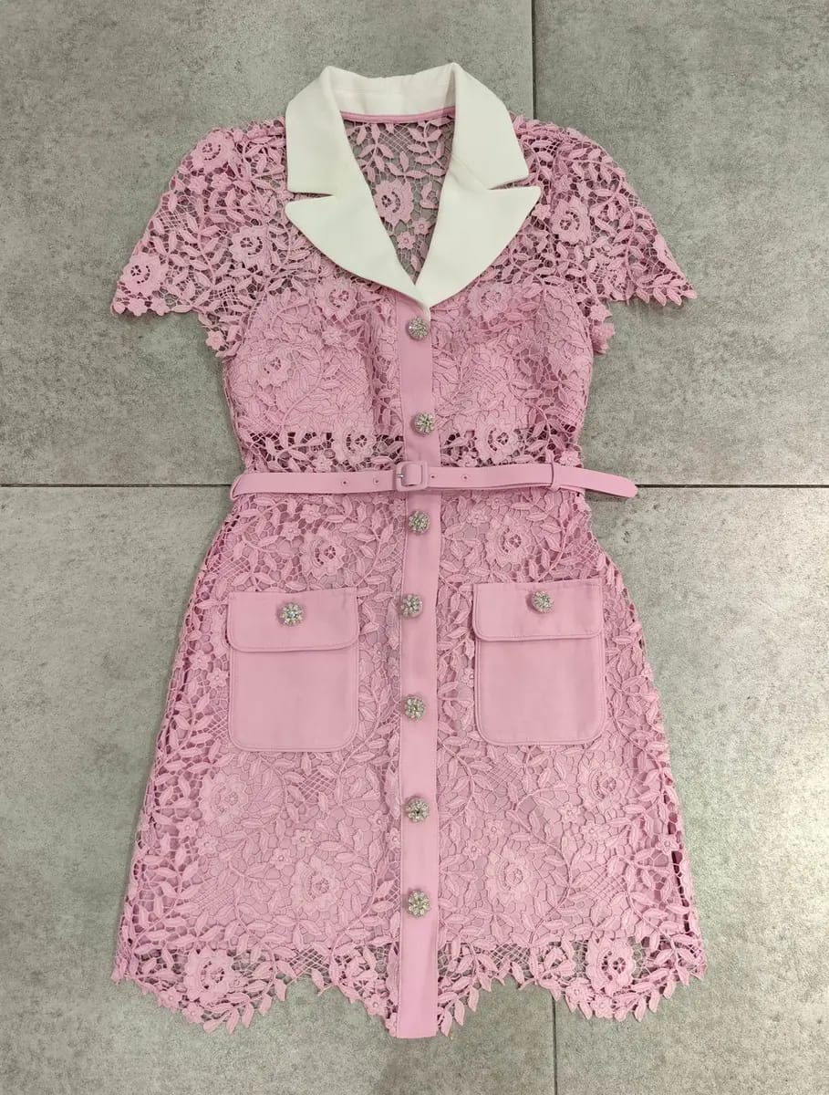 Self-Portrait Pink Rose Lace Mini Dress Collared Short Sleeve Dress for Women