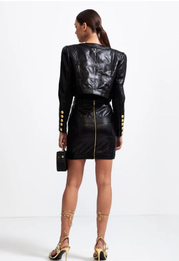 Vegan Leather Co-ord with Golden Buttons - Black