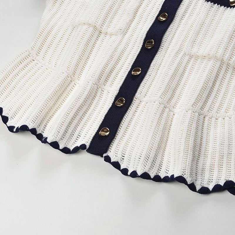 Ruffle lapel single-breasted  short-sleeved knit top