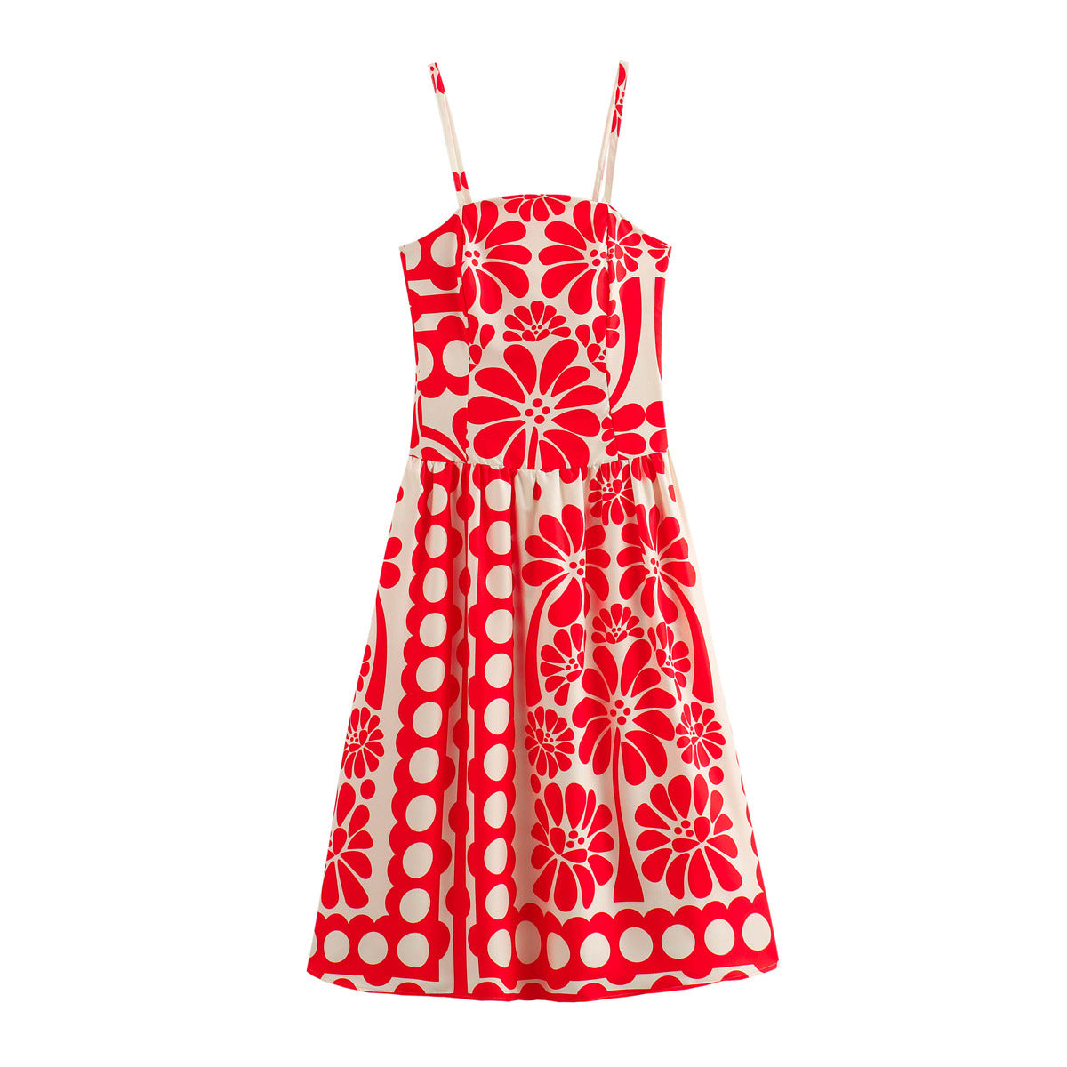 Flower printed suspender red dress